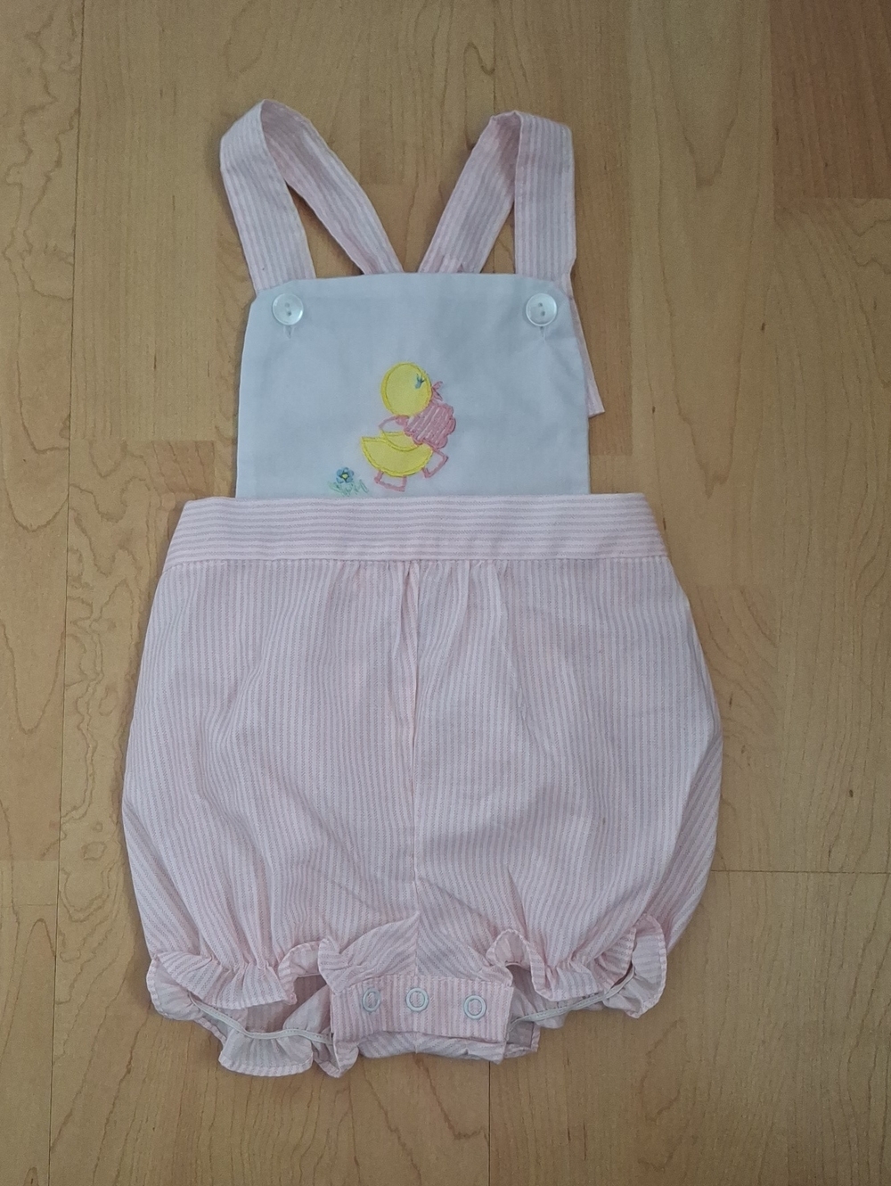 Vintage ICZ Pink Seersucker Striped Baby Romper With Duck Applique
